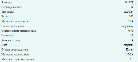 Кабель комбинированный FTP (экранированный), cat.5e, 4 пары, CCA проводник + питание 2x0.75, уличный, 25 метров