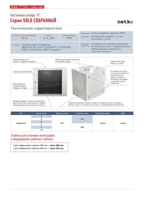 Шкаф настенный 6U серия SOLO (540х600х315), передняя дверь стекло, собранный, серый Шкаф настенный 6U серия SOLO (540х600х315), передняя дверь стекло, собранный, серый