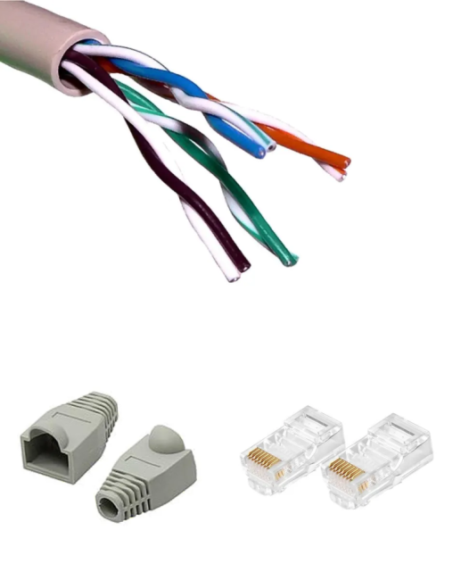 Кабель витая пара UTP 4 пары, чистая медь (BC), cat.5e, 24AWG, для внутренней прокладки, серый, 140 метров с коннекторами и колпачками в комплекте