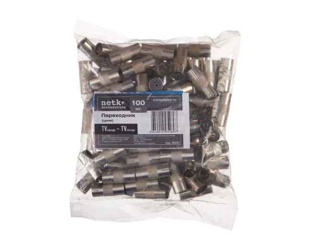 Переходник TV-female - TV-female, цинк, покрытие никель, Netko, 8 шт