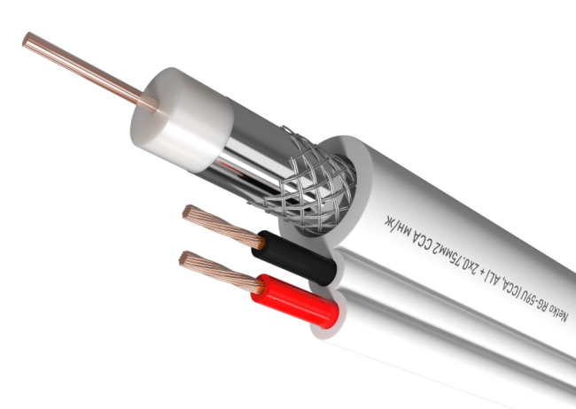 Кабель коаксиальный комбинированный RG-59U, 75 Ом, омедненный с кабелем питания 2x0.75мм2 (CCA, многожильный), белый, 100 метров Кабель коаксиальный комбинированный RG-59U, 75 Ом, омедненный с кабелем питания 2x0.75мм2 (CCA, многожильный), белый, 100 метров