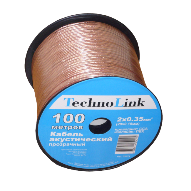 Кабель акустический 2x0.35мм2 (20x0.15мм), CCA, прозрачный, Technolink, 20 метров