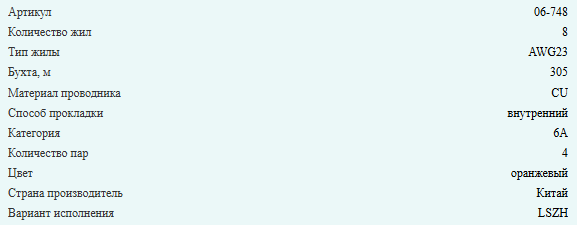 Кабель витая пара UTP, cat.6a 23AWG, 4 пары, LSZH, медный проводник, Eletec, внутренний, 90 метров