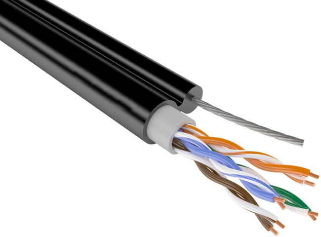 Кабель витая пара UTP с тросом, 4 пары, cat.6, моножила, медный, уличный с тросом, коннекторами и колпачками в комплекте, 15 метров