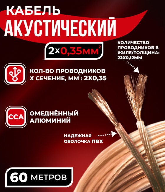 Кабель акустический 2x0.35мм2 (20x0.15мм), CCA, прозрачный, Technolink, 60 метров