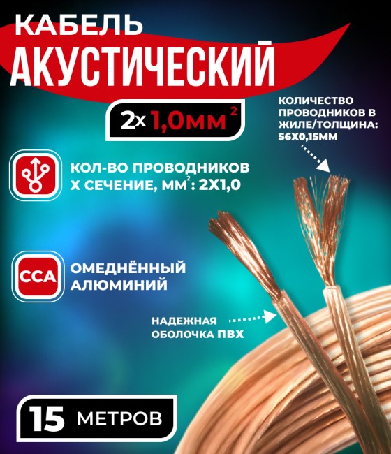 Кабель акустический 2x1.0мм2 (56x0.15мм), CCA, прозрачный, Netko, 15 метров