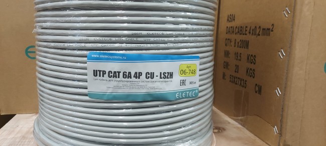 Кабель витая пара UTP, cat.6a 23AWG, 4 пары, LSZH, медный проводник, Eletec, внутренний, 130 метров