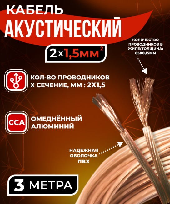 Кабель акустический 2x1.5мм2 (85x0.15мм), CCA, прозрачный, Technolink, 3 метра