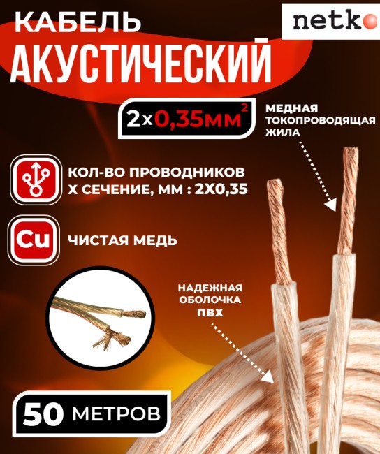 Кабель акустический 2x0.35мм2 (31x0.12мм), чистая медь, прозрачный, Netko, 50 метров