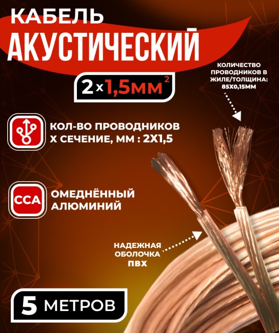Кабель акустический 2x1.5мм2 (85x0.15мм), CCA, прозрачный, Technolink, 5 метров