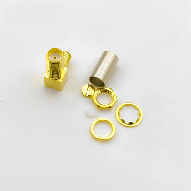 Разъем SMA-female под кабель RG58, угловой, 50 Ом, обжимной под пайку, 10 шт. Разъем SMA-female под кабель RG58, угловой, 50 Ом, обжимной под пайку, 10 шт.