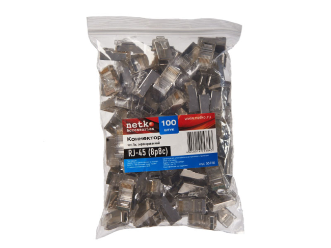 Коннектор RJ-45 (8p8c) cat.5е, экранированный, для одножильного и многожильного кабеля, 200 шт, Netko Коннектор RJ-45 (8p8c) cat.5е, экранированный, для одножильного и многожильного кабеля, 200 шт, Netko