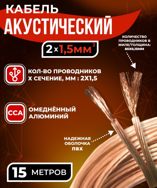 Кабель акустический 2x1.5мм2 (85x0.15мм), CCA, прозрачный, Technolink, 15 метров