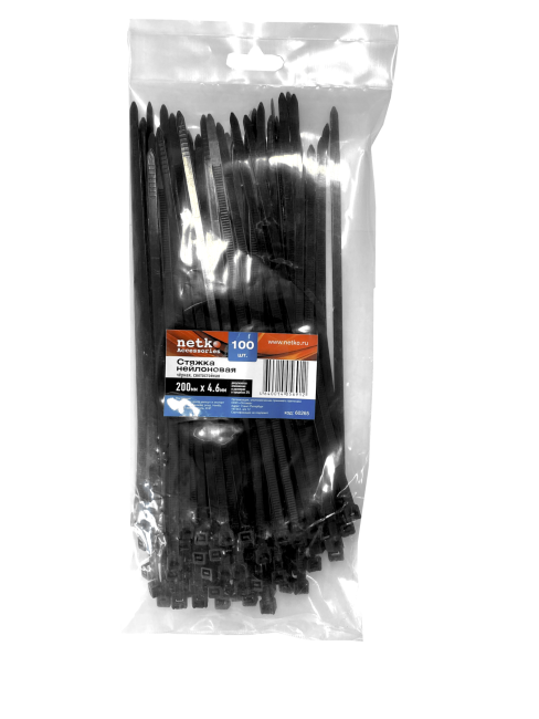 Стяжка нейлоновая 200*4,6, светостойкая, черная, Netko, 100 шт