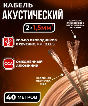 Кабель акустический 2x1.5мм2 (85x0.15мм), CCA, прозрачный, Technolink, 40 метров