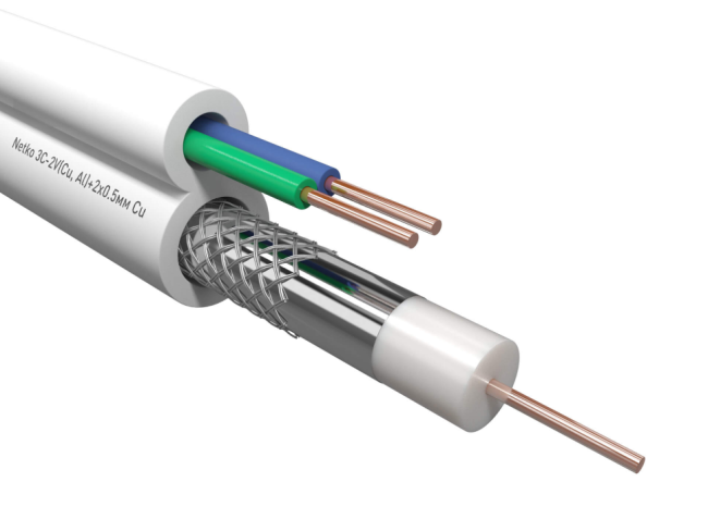 Кабель коаксиальный комбинированный 3C-2V, 75 Ом, чистая медь с кабелем питания 2x0.5мм (CU, одножильный), белый, 60 метров