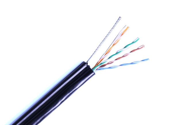 Кабель витая пара UTP с тросом, 4 пары, cat.5е, моножила, медный, уличный с тросом, коннекторами и колпачками в комплекте, 5 метров