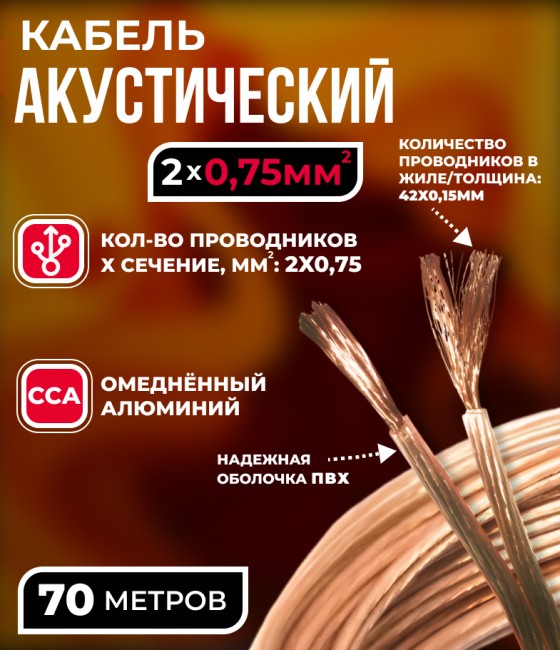 Кабель акустический 2x0.75мм2 (42x0.15мм), CCA, прозрачный, Technolink, 70 метров