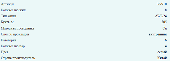 Кабель витая пара UTP, cat.6 23AWG, 4 пары, медный проводник, Eletec, внутренний, 280 метров