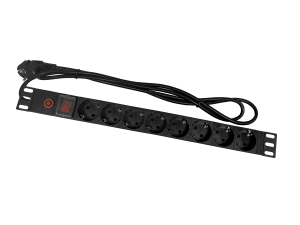 Блок розеток 19', 16А, 8 розеток, шнур 1.8 метра, выключатель с защитой, черный