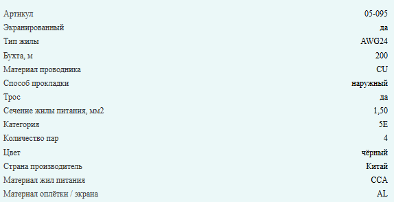 Кабель комбинированный FTP (экранированный), cat.5e, 4 пары медь + питание 2x1.5, уличный с тросом, 80 метров