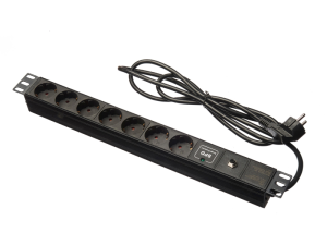 Блок розеток 19', 16А, 7 розеток, шнур 1.8 метра, с защитой, черный