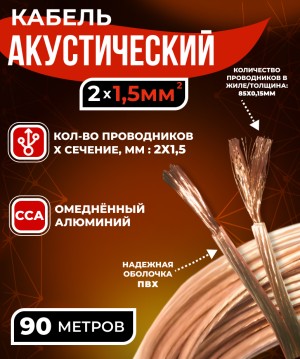 Кабель акустический 2x1.5мм2 (85x0.15мм), CCA, прозрачный, Technolink, 90 метров