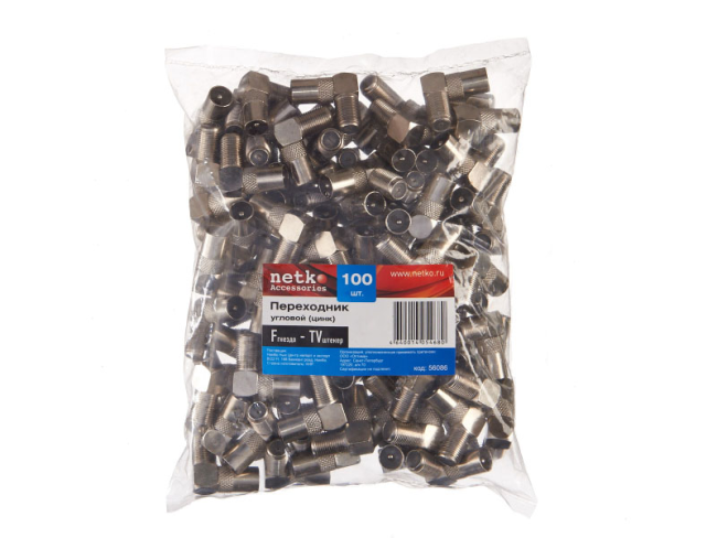 Угловой переходник F-female на TV-male (папа), Netko, 50 шт.