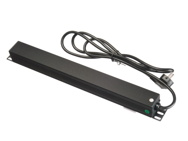 Блок розеток 19', 16А, 8 розеток, шнур 2 метра, выключатель, металлический корпус, черный