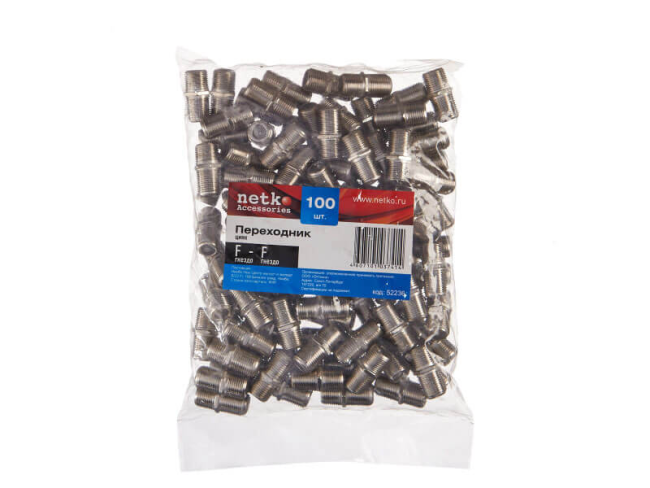 Переходник F-female - F-female, цинк, покрытие никель, F120-46, Netko, 4 шт