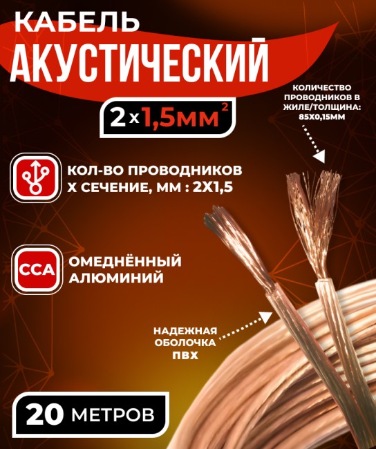 Кабель акустический 2x1.5мм2 (85x0.15мм), CCA, прозрачный, Technolink, 20 метров
